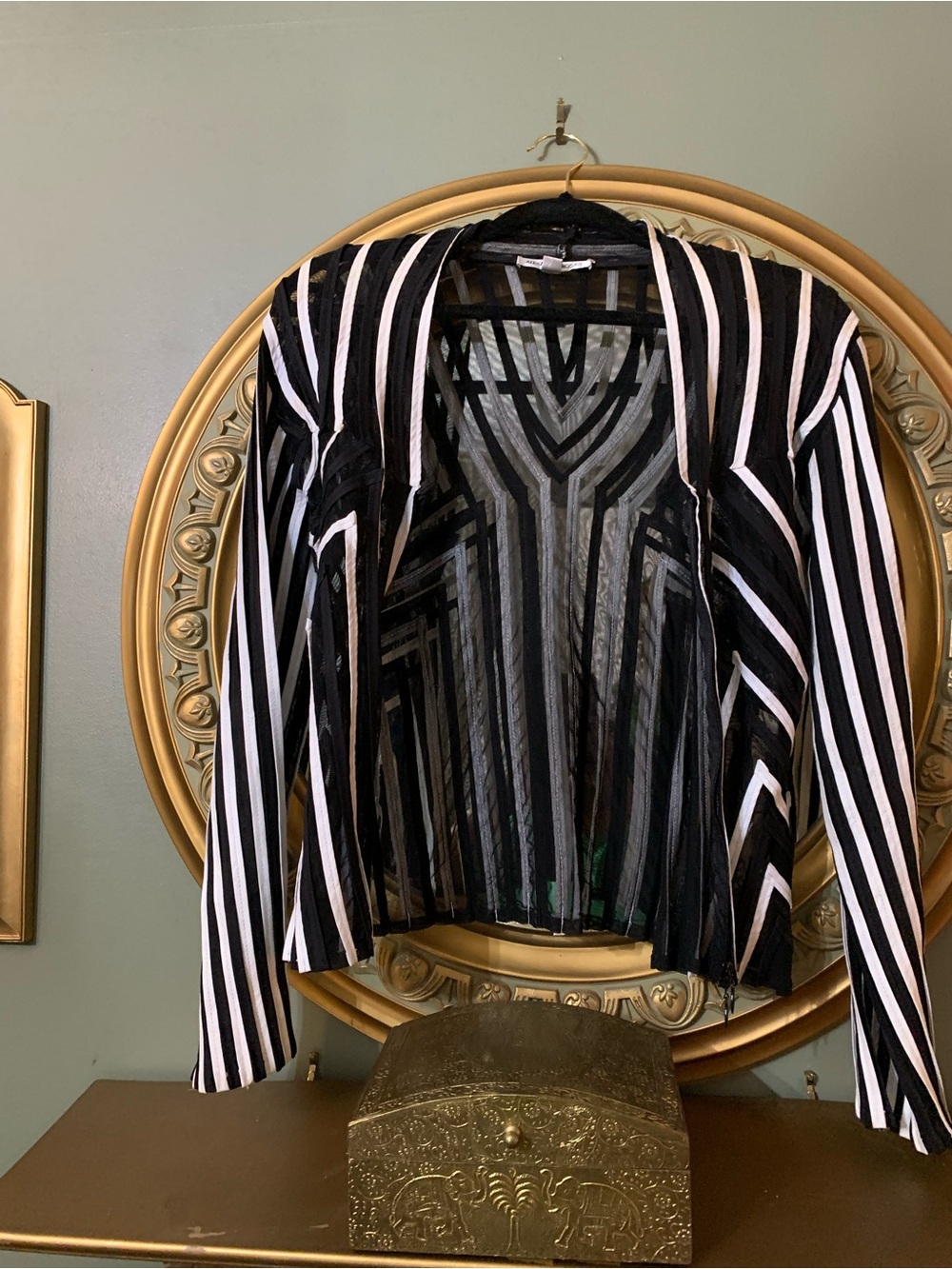 Striped Black & White Sheer Open-Front Jacket And Matching Top.